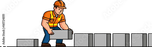 Construction Worker Carefully Placing a Concrete Block in a Row
