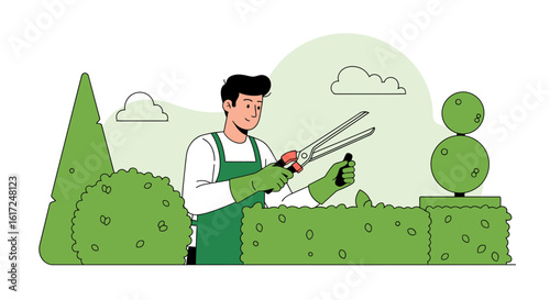 Man Trimming Hedges Gardening Concept Illustration for Landscaping Company