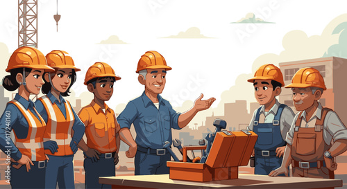 Construction Team Meeting: Diverse Workers and Tools