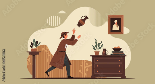Man Tries To Catch A Falling Antique Vase In Classically Decorated Room