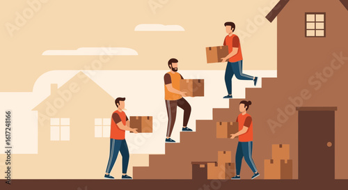 Illustrative depiction of movers carrying boxes into a new home on moving day