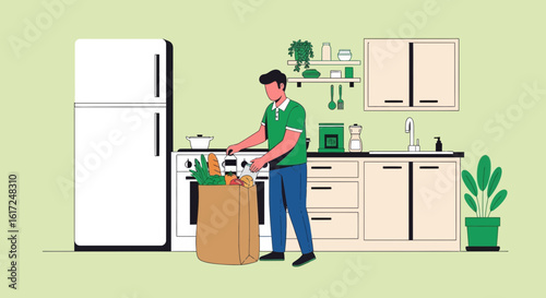 Man Unpacking Groceries From Paper Bag In Contemporary Kitchen Interior
