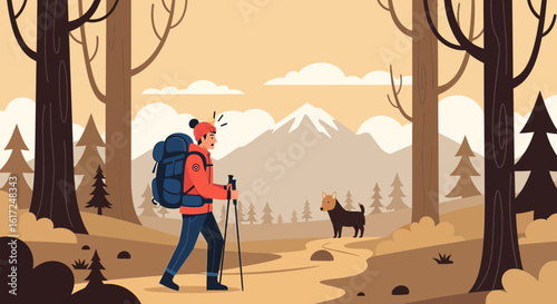 Illustrative hiking scene with a surprised hiker encountering a dog in the forest
