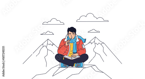 Illustrative image of a thoughtful man writing in a notebook atop a mountain peak