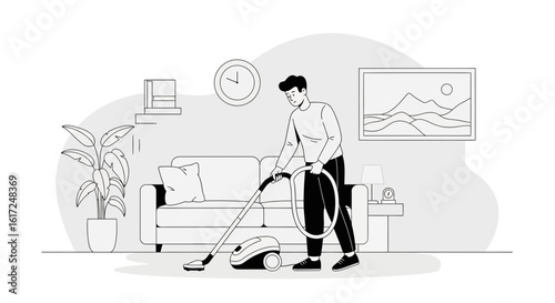 Man Vacuuming Living Room Floor Maintaining a Clean And Tidy House