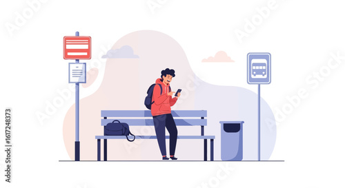 Man Waiting At Bus Station Texting On Smartphone Using Public Transport