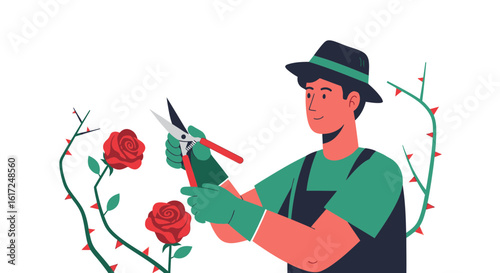 Man Wearing a Hat Pruning Roses With Clippers in a Garden Illustration