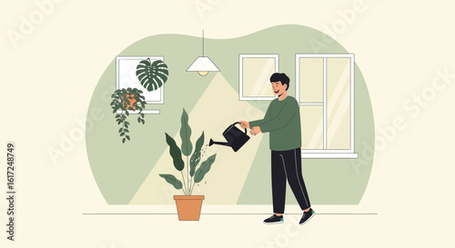 Indoor Gardening Man Caring for Houseplants in Modern Interior Setting