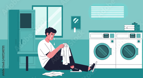 Man's emotional distress in a laundromat, symbolizing laundry mishaps and emotional vulnerability represented in a minimalist art style