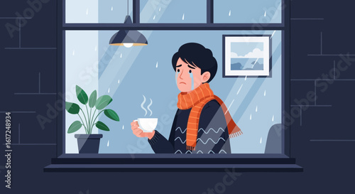 Melancholic Man Contemplating Rain With Cup of Coffee In Hand Near Window