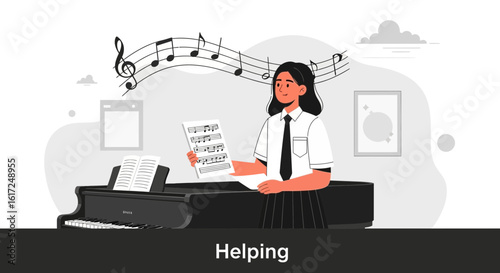 Inspired Pianist Holding Music Sheet and Playing Piano With Musical Note