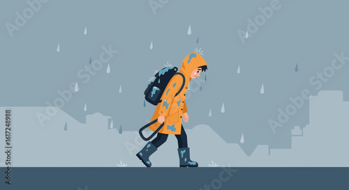 Melancholic Rainy Day Stroll Through the City in Yellow Raincoat Adventure
