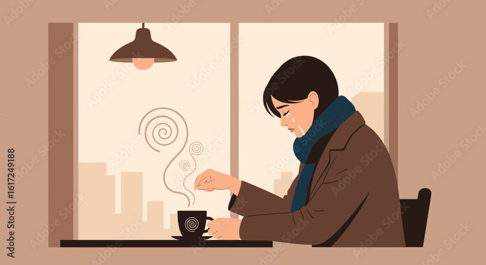 Fototapeta premium Melancholy Moments: A Woman Contemplates Over Coffee On A Rainy Day In The City