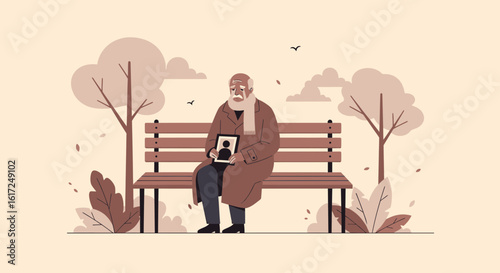 Melancholic Senior Man Reminiscing on a Park Bench with a Framed Picture