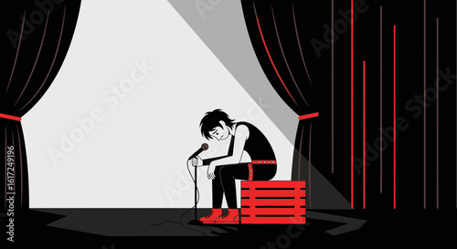 Melancholy Musician Sits Alone on Stage Under a Spotlight After Show