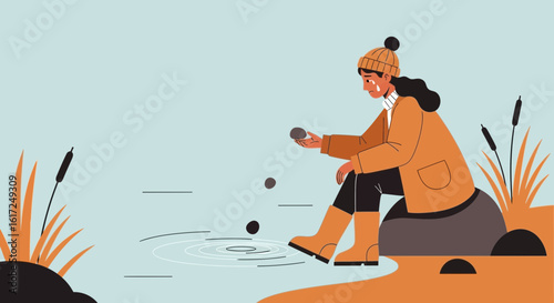 Melancholy Woman By The Lake Throws Stones Feeling Sad About Love Loss