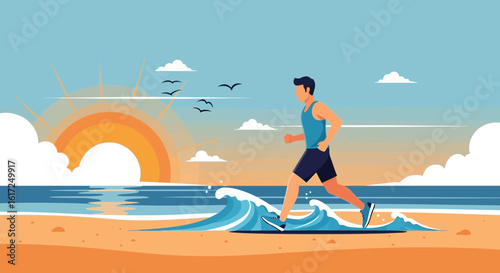 Morning Jogging Man Silhouette On The Beach At Sunrise With Ocean Wave