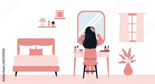 Morning Routine Brushing Hair At Vanity Table In Minimalist Pink Bedroom