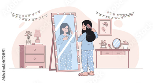 Morning Routine Combing Hair Before The Mirror In The Dressing Room