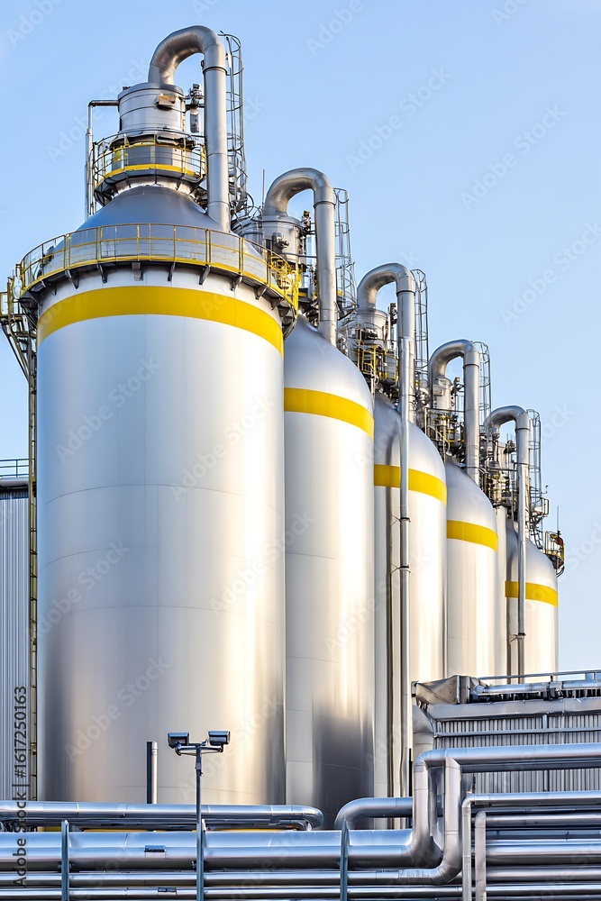 Fototapeta premium Industrial silos refinery with clear sky backdrop