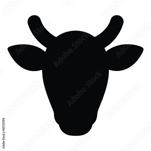 Black silhouette of a cow head with horns and ears on white background cattle bull 1