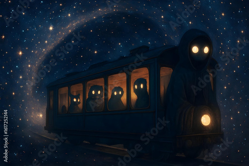Surreal train moving through star tunnel with glowing-eyed passengers in dreamlike setting