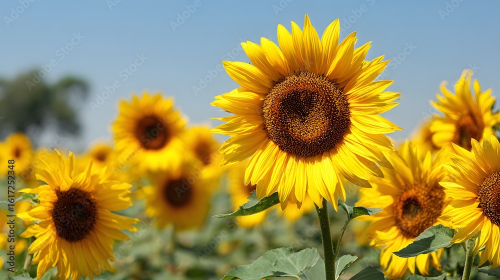 Obraz premium Bright sunflowers in a field against a clear sky.