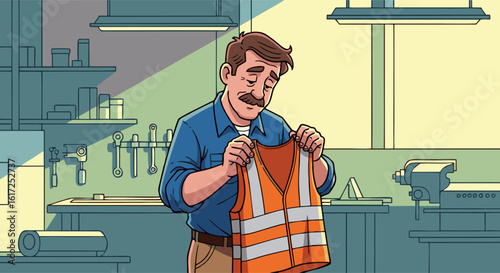 Focused Craftsman Examining Safety Vest in Workshop Setting