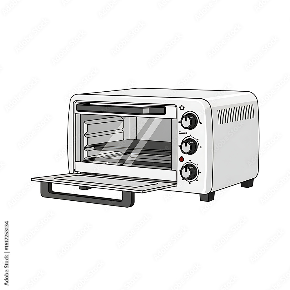Obraz premium White Toaster Oven with Open Door and Control Knobs Illustration.