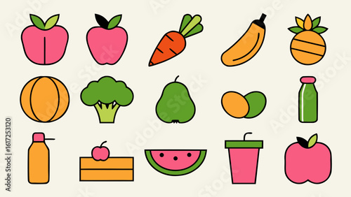 Comprehensive collection of healthy food and diet related graphic elements showcasing wellness and balanced eating choices for modern design applications