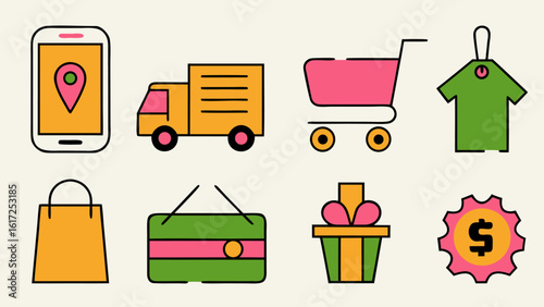 Comprehensive collection of clean line art icons representing various aspects of online shopping and e commerce activities for digital use