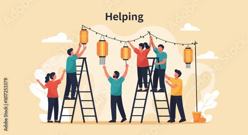 Teamwork And Collaboration For Festive Celebration Decoration Setup Illustration
