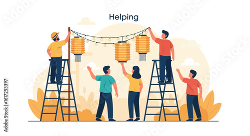 Teamwork Decorating With Festive Lanterns For A Celebration Event Illustration