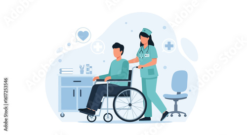 Nurse Assists Patient In Wheelchair Offering Compassionate Care And Support
