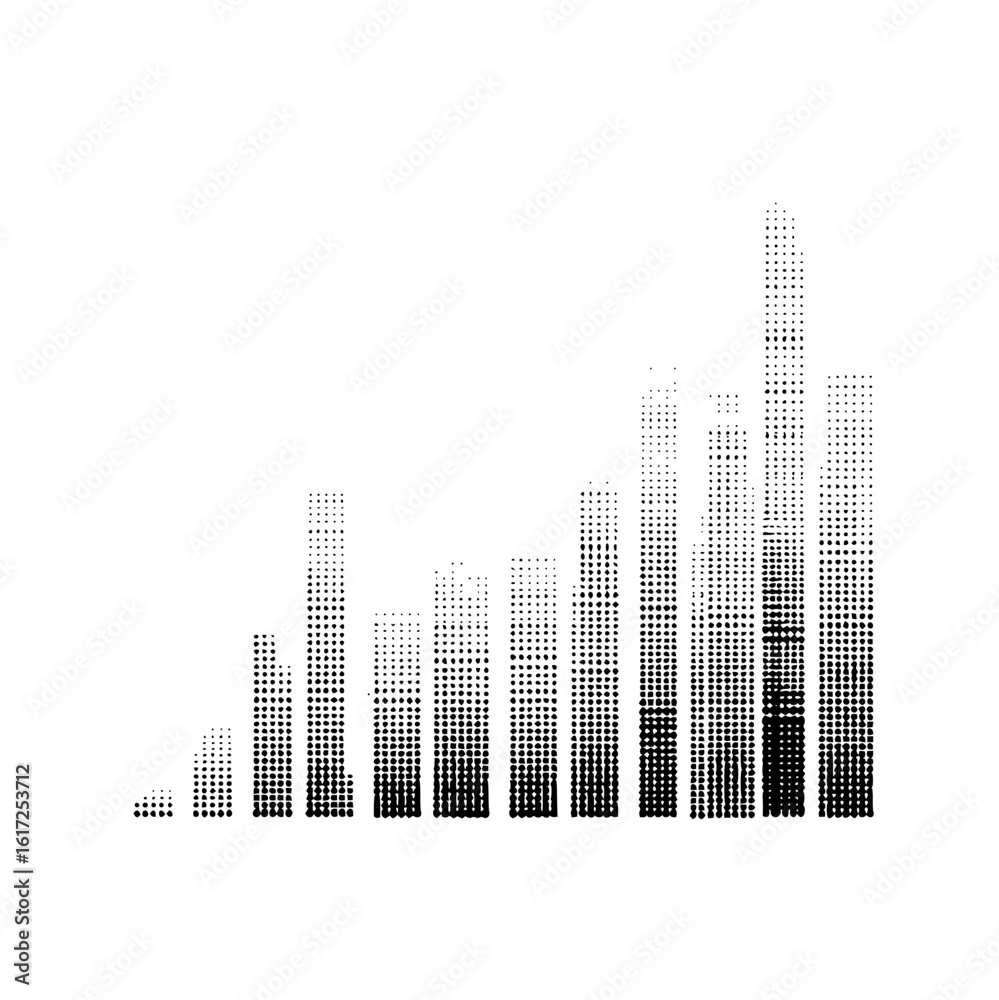 Fototapeta premium Halftone bar graph showing an upward trend with increasing height and density of black dots on white background