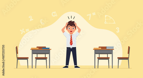 Overwhelmed Student Suffering Exam Stress in a Classroom With Mathematics Symbols