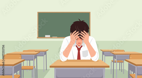 Overwhelmed Student Frustrated with Academic Pressure in Empty Classroom