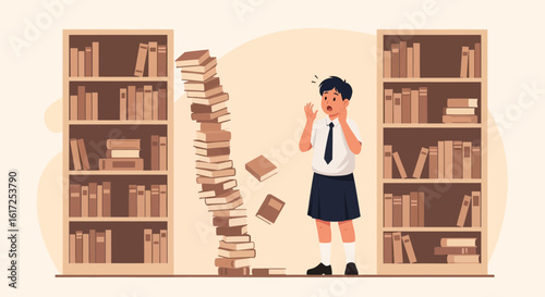 Overwhelmed Student Watching Books Fall From A Tall Stack In Library