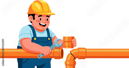Plumber Fixing Orange Plastic Pipes with a Wrench