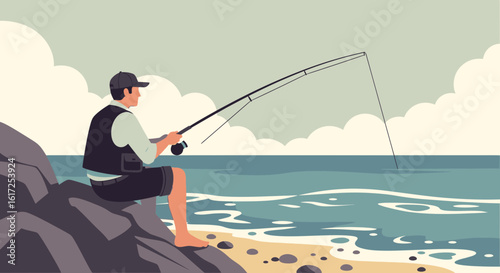 Peaceful Fisherman Enjoying Coastal Angling with Rod and Calm Ocean View