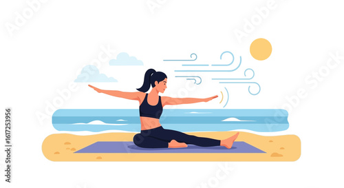 Peaceful Seaside Yoga Morning Stretch Woman Workout on Beach Scene