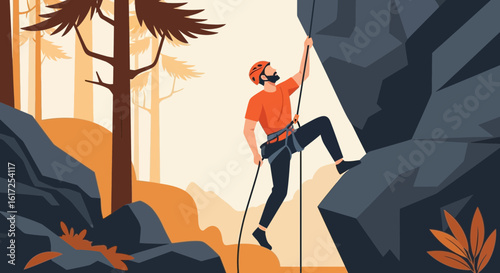 Person Climbing Natural Rock Climbing Outdoors With Safety Equipment