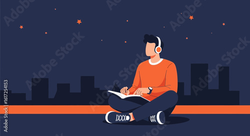 Person Enjoying Music and Night View While Writing in Notebook