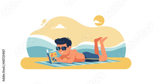 Person Enjoying Summer Vacation Reading Book Near Sea Relaxing On Beach