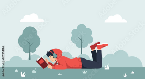 Person Relaxing In Nature With A Book And Headphones On Sunny Day