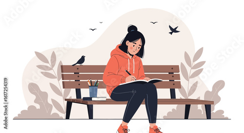 Young Woman Writing In Her Notebook Outdoors With Nature And Birdlife