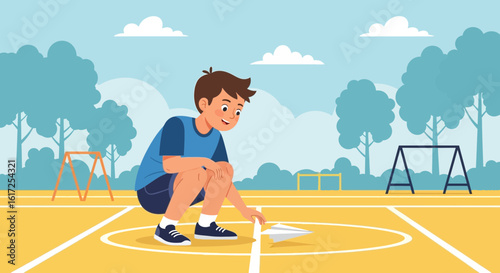 Youngster Launching Paper Airplane On Sports Ground With Natural Backdrop