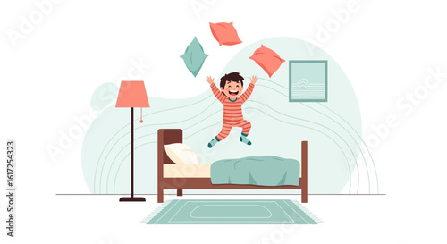 Playful Kid Enjoys Pillow Fight In Bedroom During Pajama Party