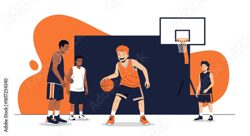 Youthful Basketball Players Enjoying Game On Outdoor Court With High Energy