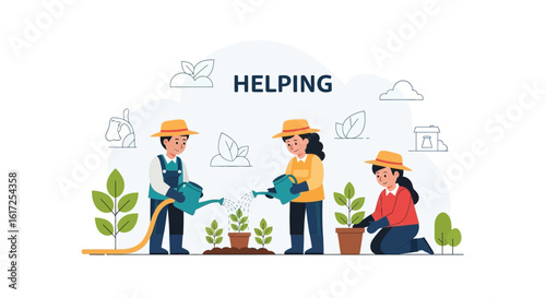 Teamwork In Garden Growth Planting Seeds, Watering Sprouts, Cultivating Landscape